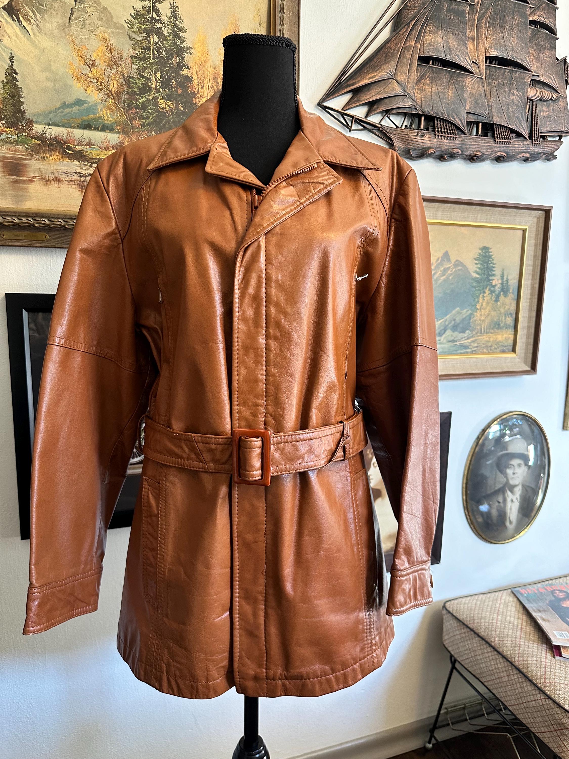 Vintage 1970s Leather Belted Jacket Men's Medium