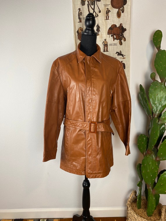 Vintage 1970s Leather Belted Jacket Men's Medium - image 2