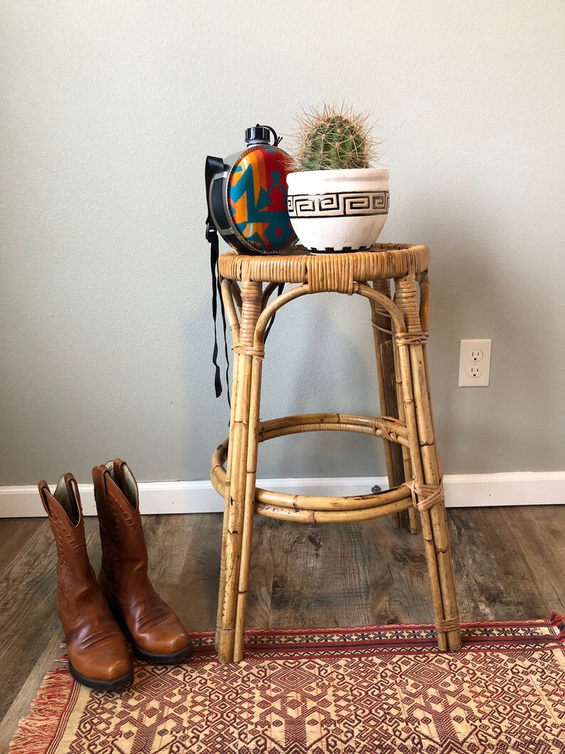 Vintage Mid Century Rattan and Bamboo Stool