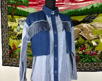 Vintage 1980s-90s Fringed Denim Western Shirt