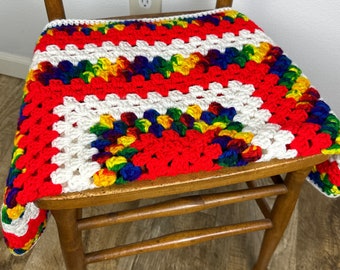 Lovely Vintage Crocheted Rainbow Nursery/Doll Blanket