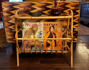 Vintage Rattan with Glass Small Table with Magazine Basket