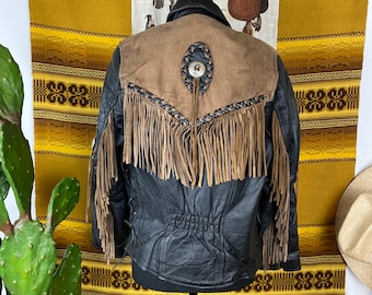 Vintage Women's Black Leather Fringed Jacket XS-S