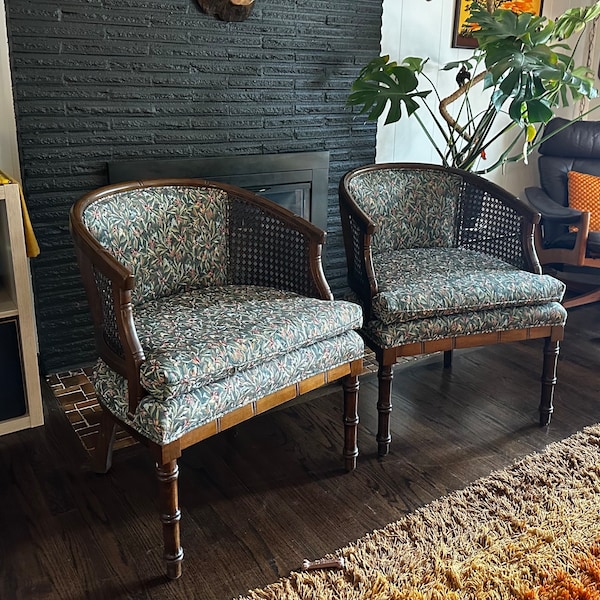 Vintage Hollywood Regency Canning and Floral Barrel Chairs