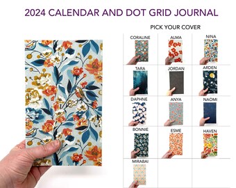 2024 CALENDAR + Dot grid journal combo COVER OPTIONS Dated monthly calendars and dot grid pages. Slim design with lay flat pages and pocket.