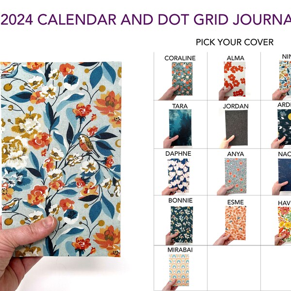 2024 CALENDAR + Dot grid journal combo COVER OPTIONS Dated monthly calendars and dot grid pages. Slim design with lay flat pages and pocket.