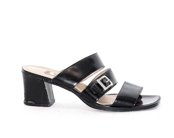 VINTAGE 90s 2000s Black Leather STRAPPY Band SILVER Buckle Open Toe Minimalist Chic Slides High Stacked Heel Size 7.5