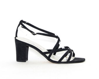 VINTAGE 90s Y2K Black Fabric STRAPPY Criss Cross Open Toe Calico Eveningwear Cocktail Party Open Toe Sandals Stacked Heels Grunge Goth 9.5