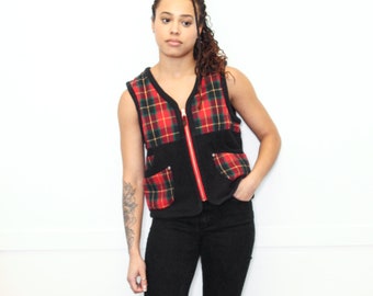 ランキング上位のプレゼント VINTAGE 90s Red Black Sleeveless Zippered Zip up Plaid トップス