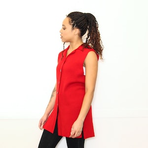 VINTAGE 90s Red Collared Sleeveless Button Up LONG Cardigan WOOL Sweater Jacket Vest || Minimalist Size S or M
