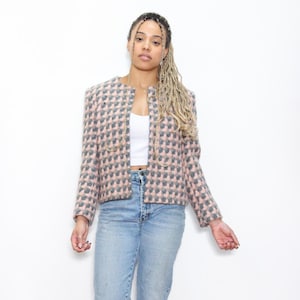 VINTAGE 80s 90s Mauve Pink Gray Abstract Scallop Wool Print Boxcut Chic Classic Blazer Suit Jacket Outerwear || Size 12