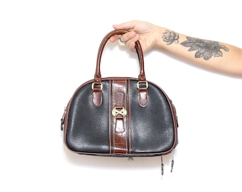 Vintage 70s 80s Brown Black Leather TOP HANDLE BOWLING geometric Shape Handbag Tote Purse Chic Classic