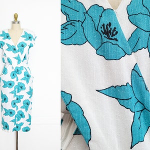 VINTAGE 80s White Turquise Blue Large FLORAL Abstract Print Criss Cross Wrap Chic Art Deco Knee Length Midi Dress S M