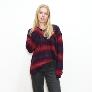 VINTAGE 90s SILK Mix Purple Pink Blue OMBRE Striped Chenille Oversized Loose Fit Grunge Knit V-Neck Sweater || Size L