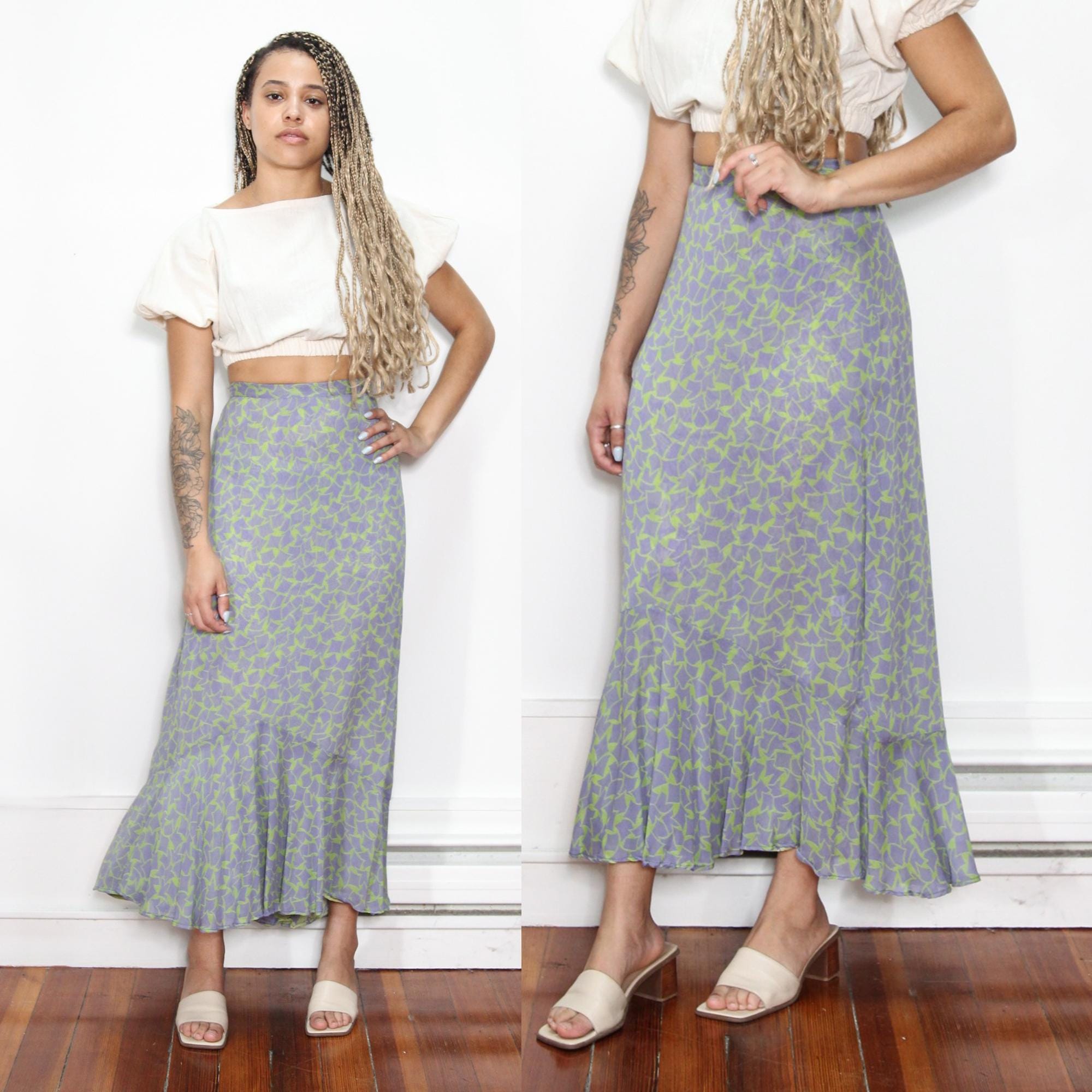 【1993studio】Original Sweat Long Skirt VINTAGE 90s ABSTRACT Print Blue Green REVERSIBLE Double