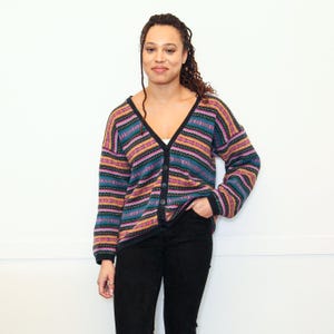 VINTAGE 80s 90s Striped Multicolor HENRI BENDEL Button Up Loose Fit Cardigan Knit Sweater Cotton || Size M or L