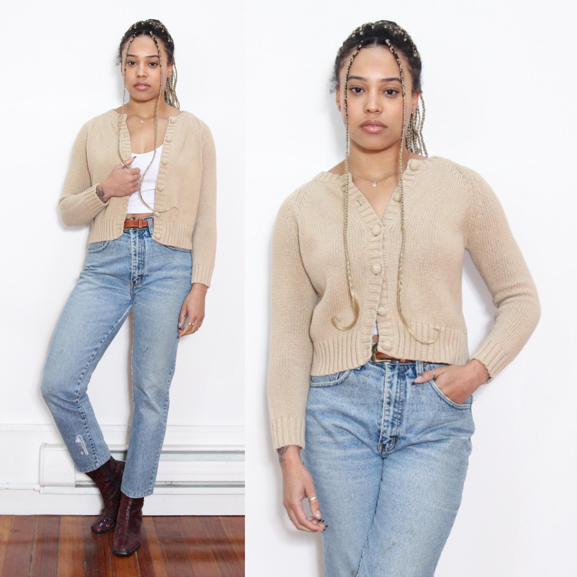 VINTAGE 90s Beige Oatmeal COTTON CROPPED Shrunken Fit Button up