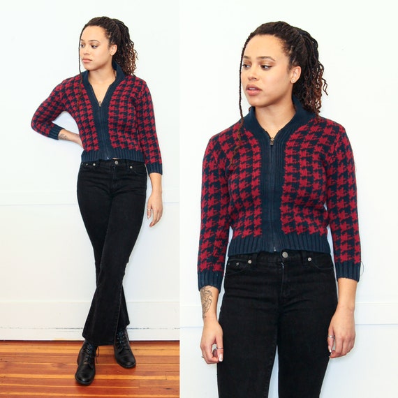 VINTAGE 90s Red Navy Blue Large HOUNDSTOOTH Print… - image 1