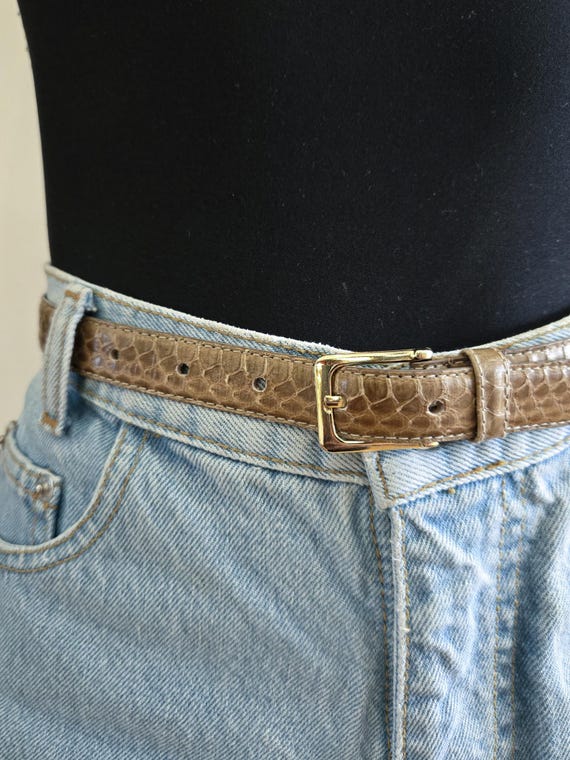 VINTAGE 80s 90s Tan Brown SNAKESKIN Leather Skinny Chic 