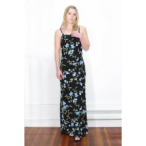 VINTAGE 90s Black Blue Green FLORAL Grunge Sleeveless Square Neck Fitted Botanical Maxi Dress || Byer Too! Size M