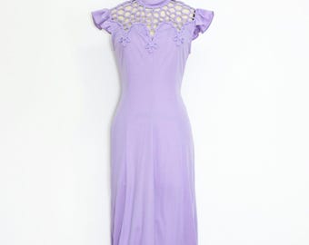 VINTAGE 60s 70s INCREÍBLE Lila Romántico Etéreo Enjaulado Tejido Volante Manga Ángel Vestido Largo Plumero Hippie Boho M