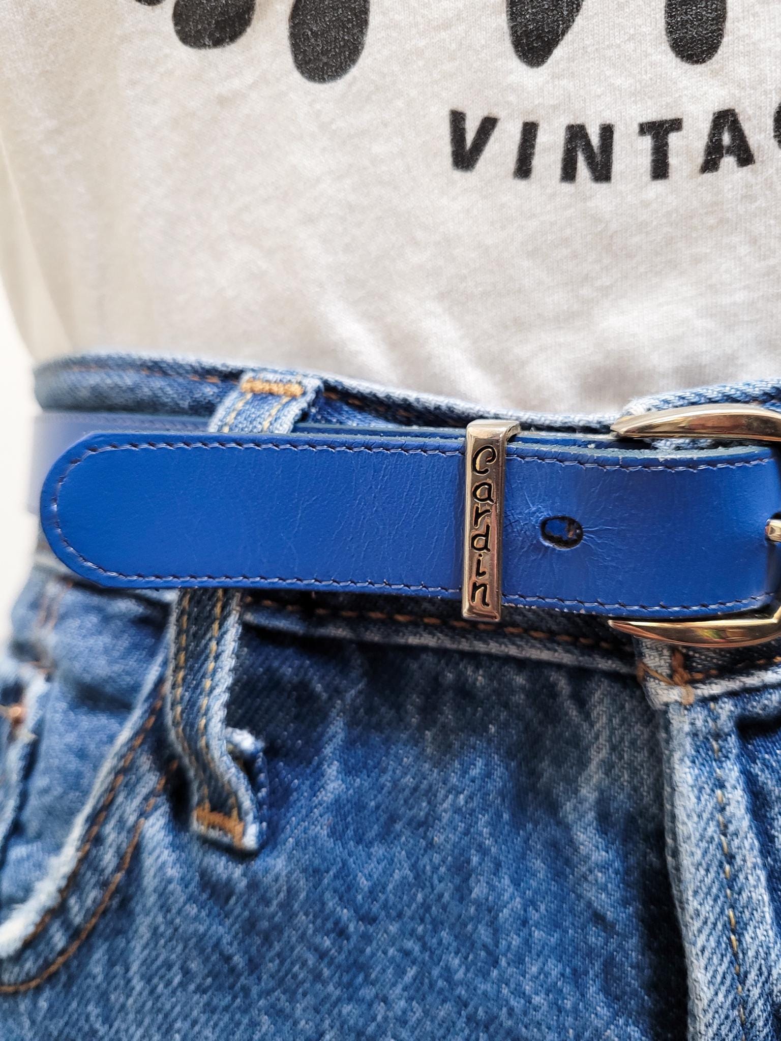 VINTAGE 80s 90s Blue PIERRE CARDIN Skinny Leather Belt Gold 