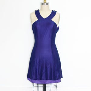 VINTAGE 90s Purple Metallic Sparkley Glitter Holographic Dress Exposed Back Halter Neck Flared Mini Skirt Party Dress XS S