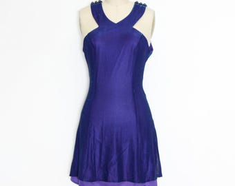 VINTAGE 90s Purple Metallic Sparkley Glitter Holographic Dress Exposed Back Halter Neck Flared Mini Skirt Party Dress XS S