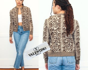 VINTAGE 80s 90s VALENTINO Miss V Snakeskin Print WOOL Plush Button Up Cardigan Sweater Chic Classy || Size S M L