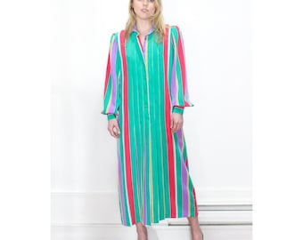 VINTAGE 70S GREEN Kolorowa tęczowa PLISOWANA w paski artystyczna sukienka maxi z bufiastymi rękawami i guzikami || Pasuje na M L