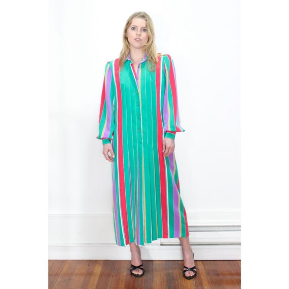 VINTAGE 70s GREEN Colorful Rainbow PLEATED Striped Artsy Statement Blouson  Sleeve Button up Maxi Dress || Fits M L - Etsy Canada
