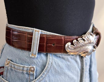VINTAGE 90s Brighton Black Reptile Embossed Silver Sculptural Leaf Buckle VINTAGE 90s Brighton Brown Reptile Embossed Silver  main image 3