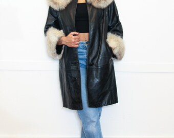 VINTAGE 60s 70s Black LEATHER Fluffy Soft Arctic Real Fox FUR