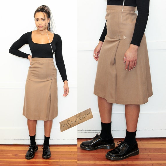 VINTAGE 70s Auth YSL Yves Saint Laurent Wool Tan Pleated VINTAGE 70s Auth YSL Yves Saint Laurent Wool Tan Pleated