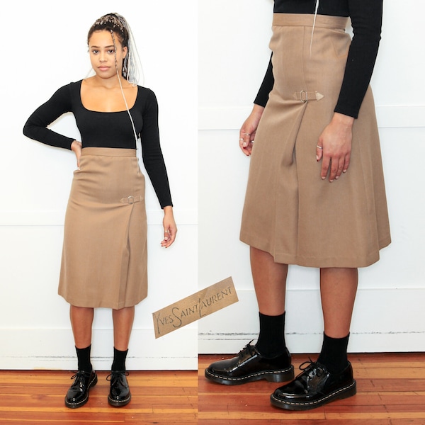 VINTAGE 70s Auth YSL Yves Saint Laurent Wool Tan Pleated Buckle High Waist Skirt || Preppy Chic || Size XS or S