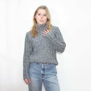 VINTAGE 90s GAP Blueish Gray Jumbo RIBBED Striped Textured Turtleneck Cotton Thick Knit Sweater || Fits xs or s