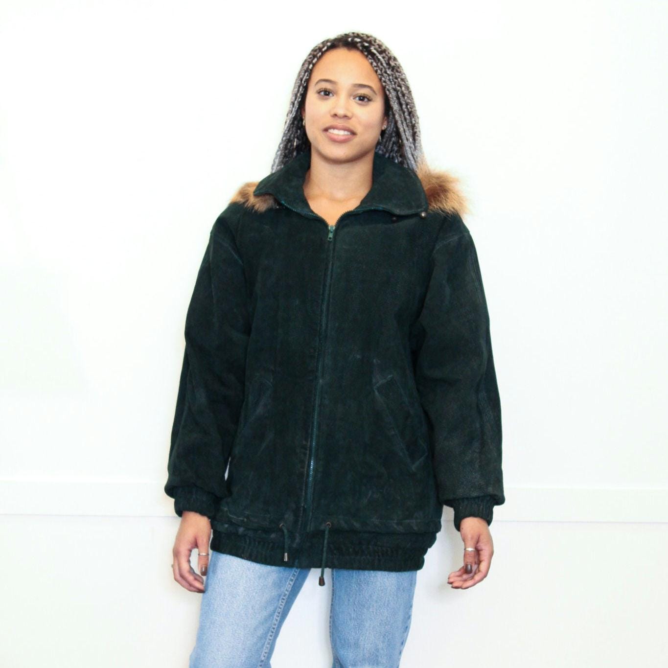 VINTAGE 80s Forest Green SUEDE LEATHER Heavy Puffer Bomber Insulated Jacket Coat || Drawstring Hooded Faux Fur Trim | S M L