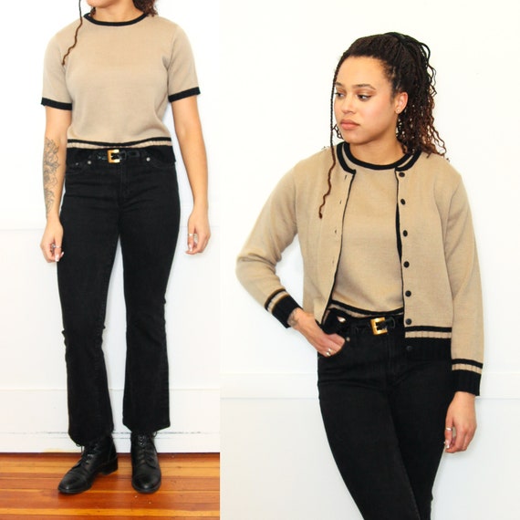 VINTAGE 90s Tan Brown Black Stripe VARSITY 2 Piece Cardigan