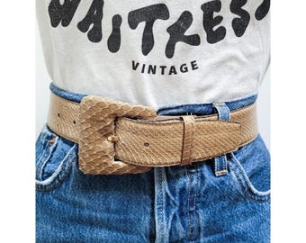VINTAGE 80s 90s Tan Brown SNAKESKIN LEATHER Jumbo Square Buckle Belt || Size M/L - 24.5 to 28.5&quot;