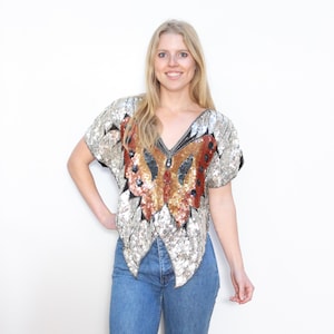 Vintage 80s Top Silk Sequin Butterfly S/M - Etsy