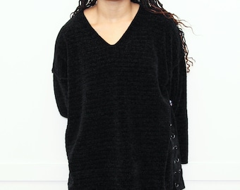 【COSYHARU】1990 Nylon V-neck String Sweatshirt Women Y2K Striped Sweater 90s Vintage Aesthetic Long Sleeve