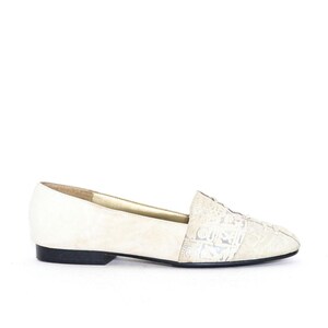 Mocasines Oxford con punta cuadrada y estampado abstracto de patchwork en beige y blanco roto de los años 80, bailarinas, zapatillas sin cordones, Normcore, 7,5 M