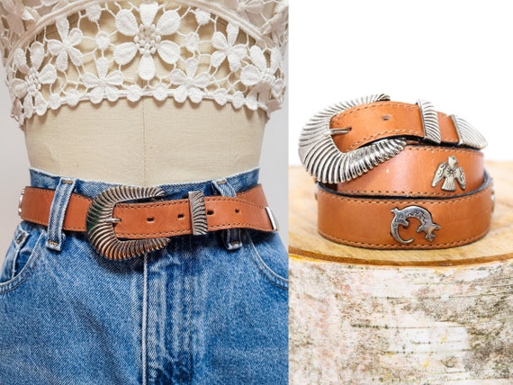 VINTAGE 80s Brown Leather Tooled Belt Western Hip… - image 1