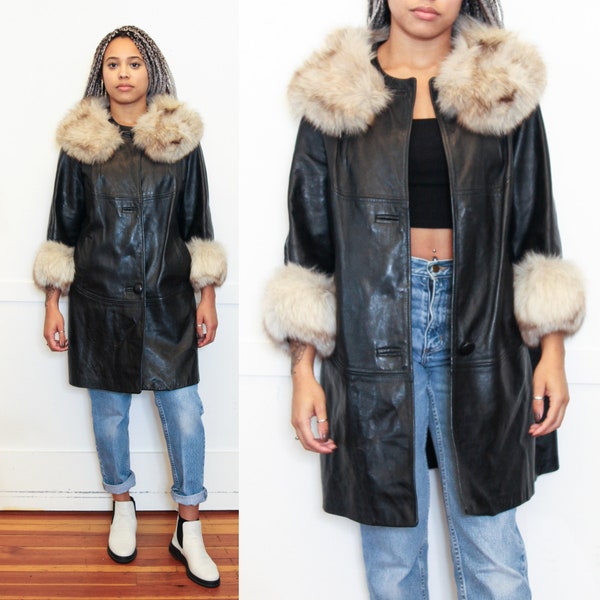 VINTAGE 60s 70s Black LEATHER Fluffy Soft Arctic Real Fox FUR Trench Coat Jacket || Luxury Moto Oversized Fit Style || M L