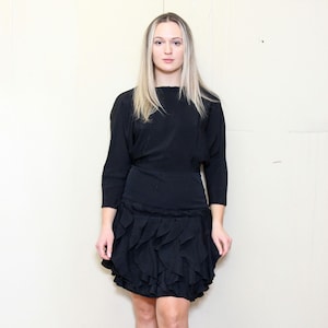 VINTAGE 80s Black CASCADING RUFFLES Cummerbund Waist Batwing Dolman Cape Glam Disco Cocktail Evening Party Dress S M