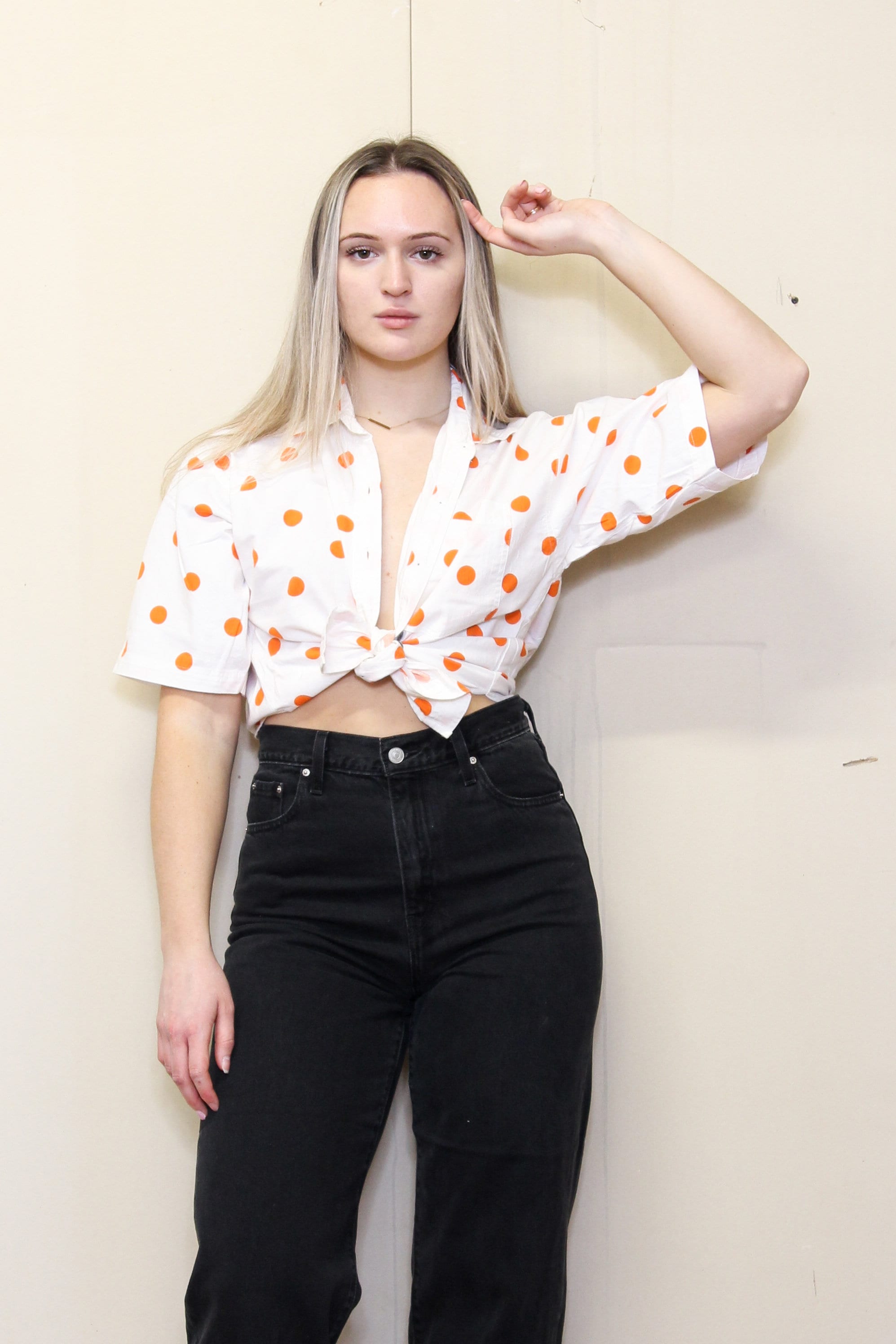 VINTAGE 80s 90s White Orange Jumbo POLKA DOT Cotton Blouse