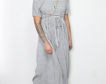 90s gingham dress Vintage 90s Blue Gingham Plaid Button Down Sleeveless Cotton Midaxi Dress /  S