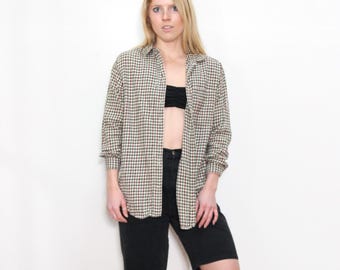 VINTAGE 90s Green Beige CHECKERED Cotton Fresno Jean Company Button Up Flannel Plaid Grunge Casual Shirt Top || S