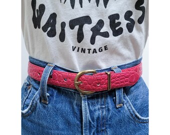 80s Magenta Snakeskin Belt Hot Magenta Coral Pink Genuine Snakeskin Skinny Patent Slim  main image 3