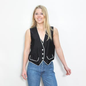 VINTAGE 90s Black & White CONTRAST Piping Tuxedo FLAP Pocket Sleeveless Minimalist Button Up Vest Top || S